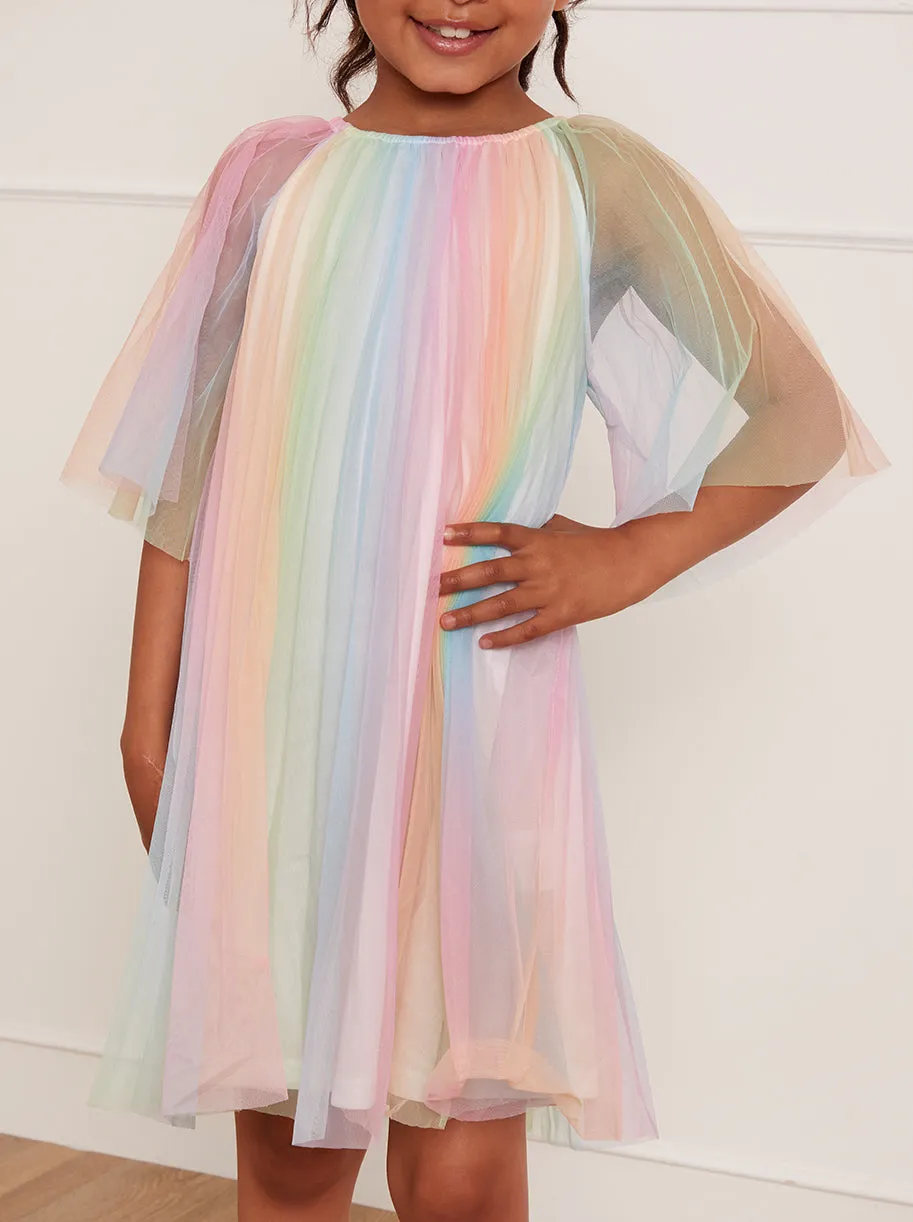 Younger Girls Pleated Bell Sleeve Rainbow Midi Dress in Pink sold by Chi Chi London product image thumbnail 3
