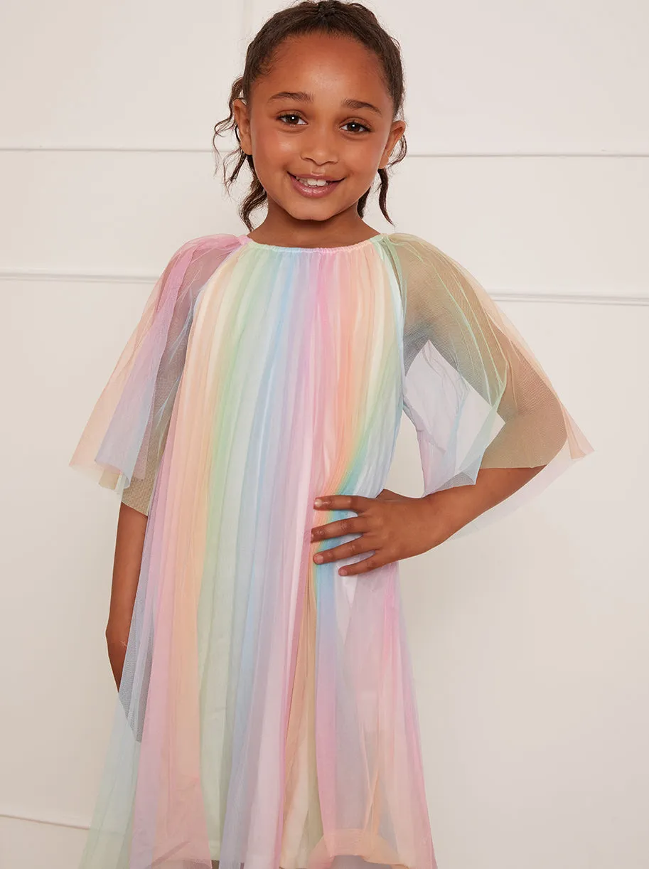 Younger Girls Pleated Bell Sleeve Rainbow Midi Dress in Pink sold by Chi Chi London product image thumbnail 4