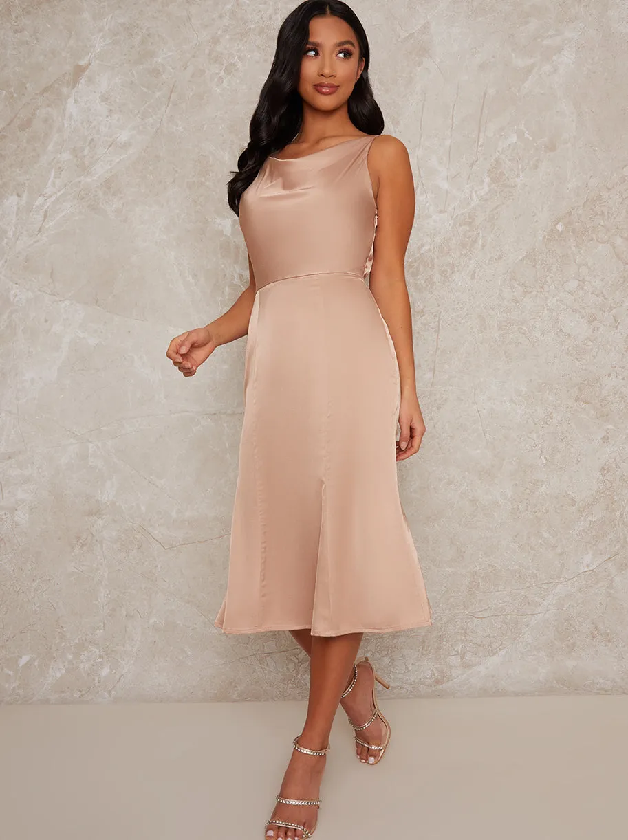 Petite Satin Slip Cami Midi Dress in Champagne sold by Chi Chi London