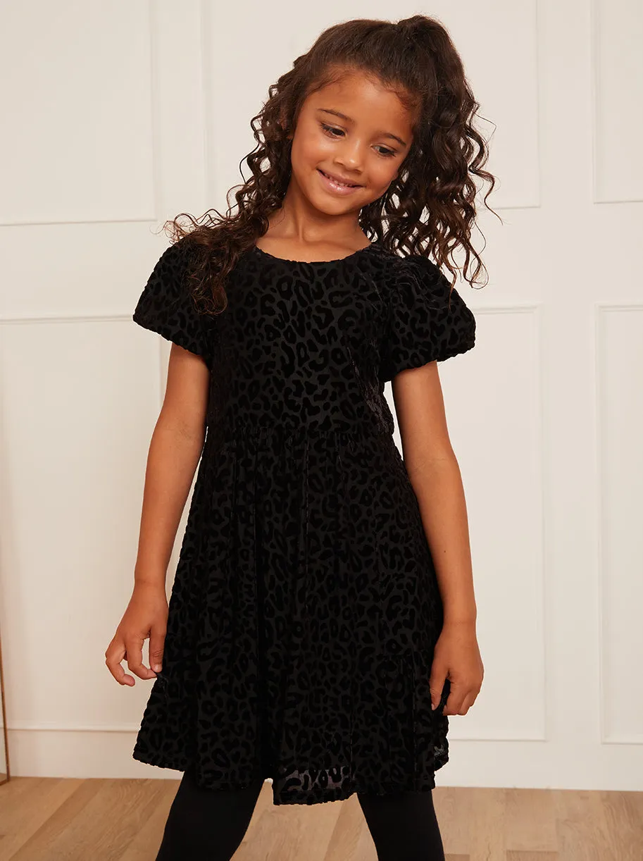 Younger Girls Animal Devoré Midi Dress in Black sold by Chi Chi London