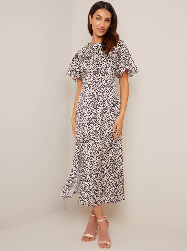 Angel Sleeve Animal Print Midi Dress in Multi sold by Chi Chi London