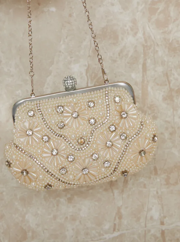 Beaded Design Clasp Shoulder Bag in White sold by Chi Chi London