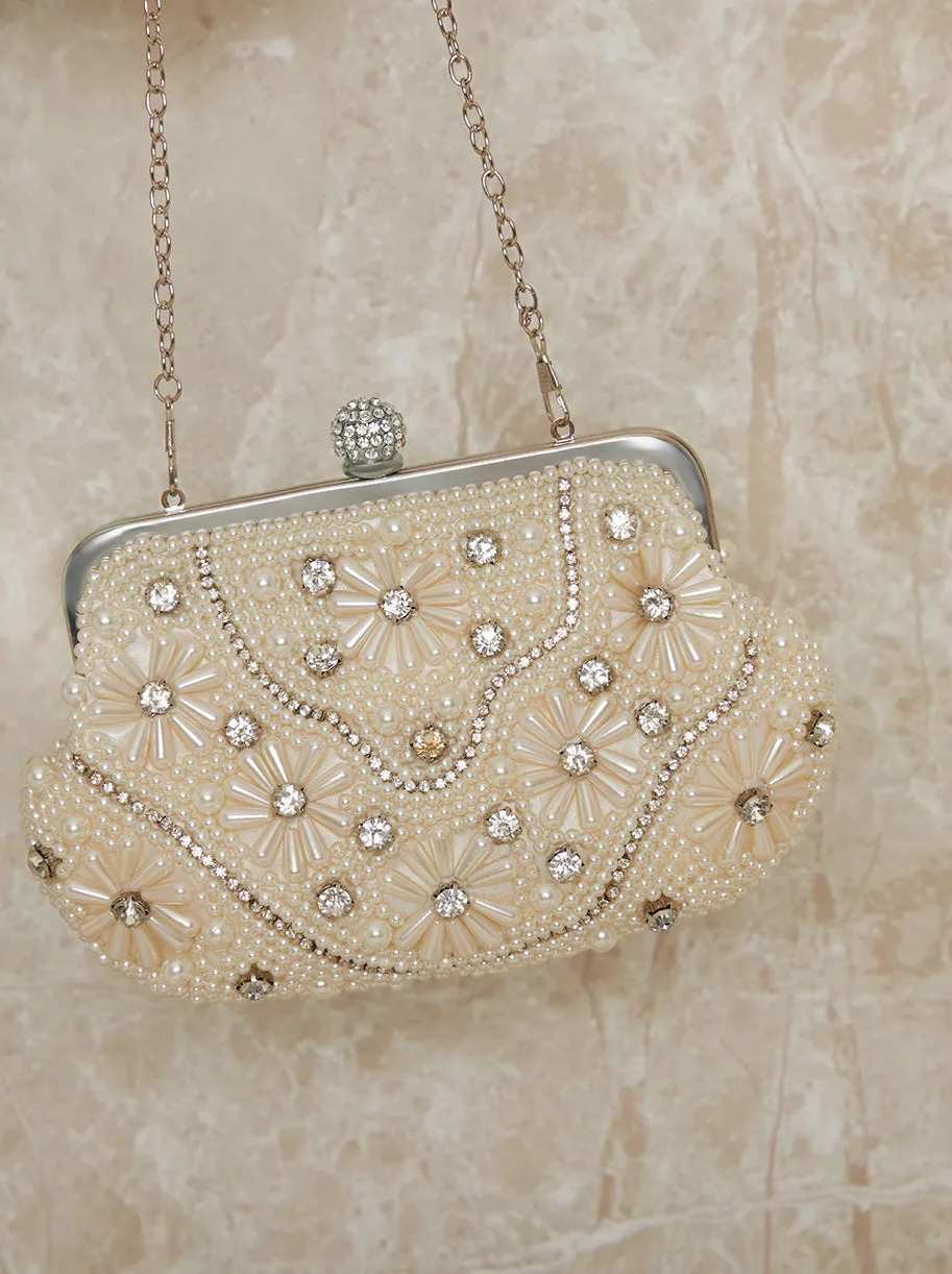 Beaded Design Clasp Shoulder Bag in White sold by Chi Chi London