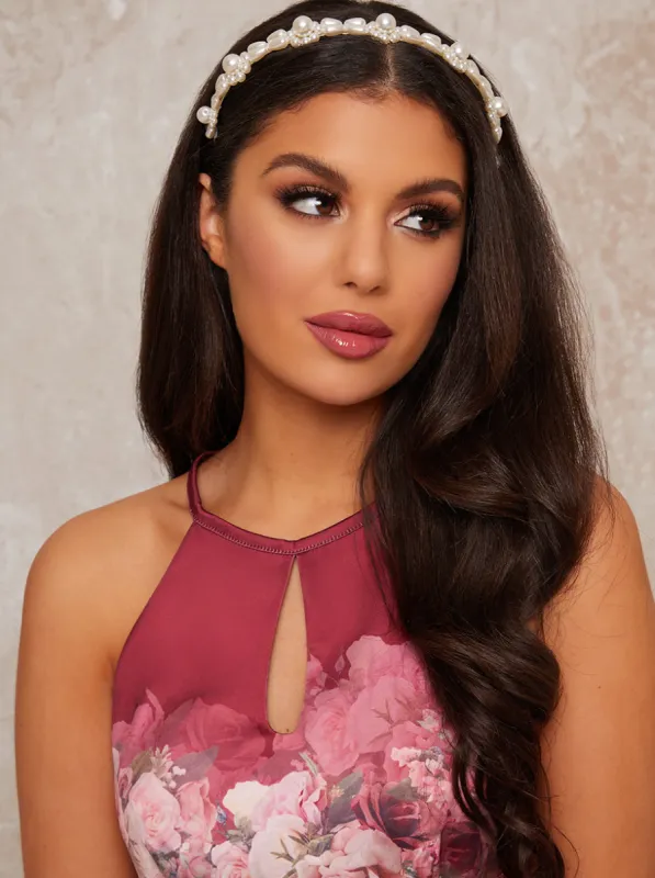 Shaped Headband with Pearl Detailing in White sold by Chi Chi London