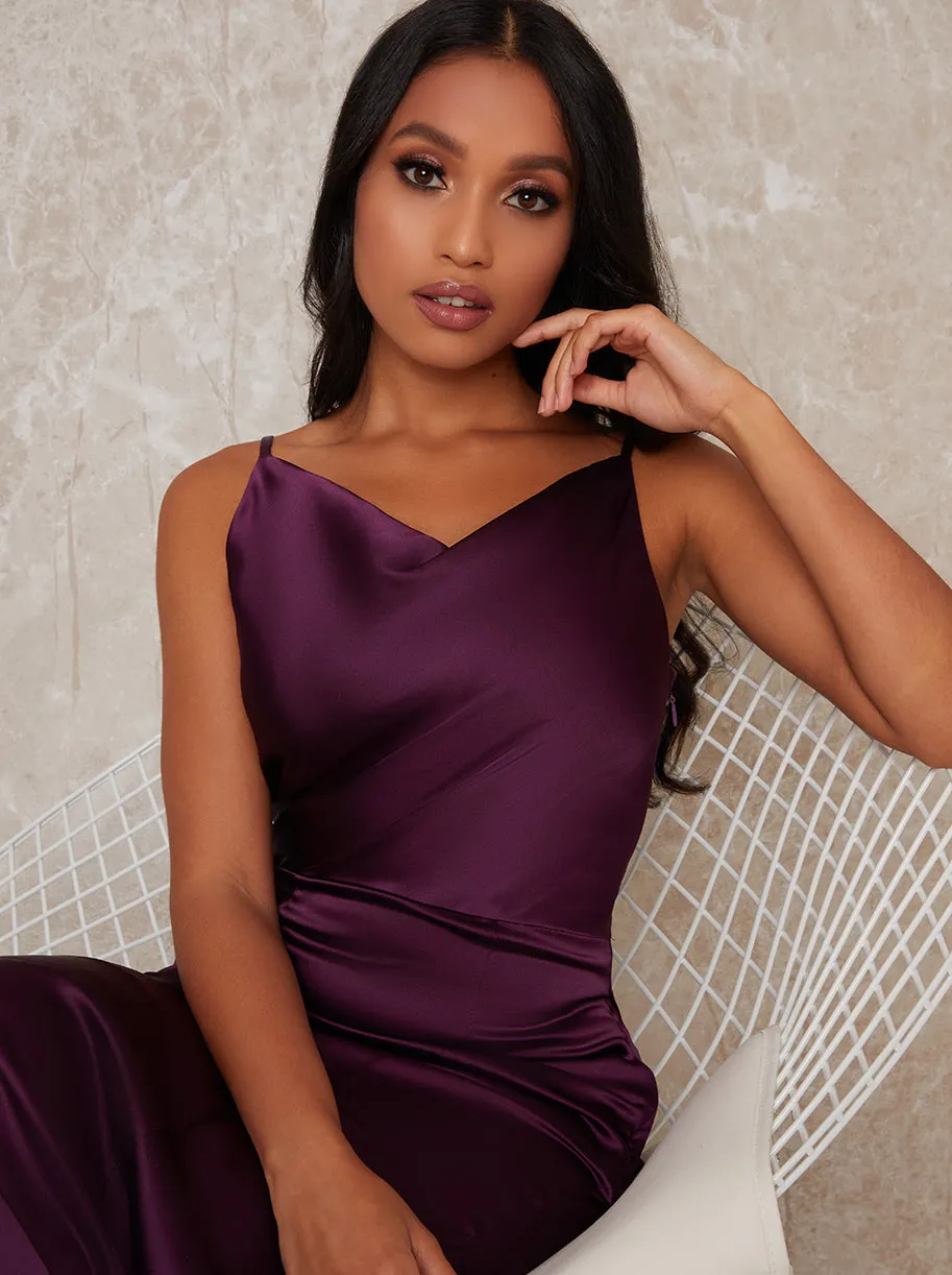 Petite Cowl Neck Satin Slip Maxi Dress in Purple sold by Chi Chi London product image thumbnail 3