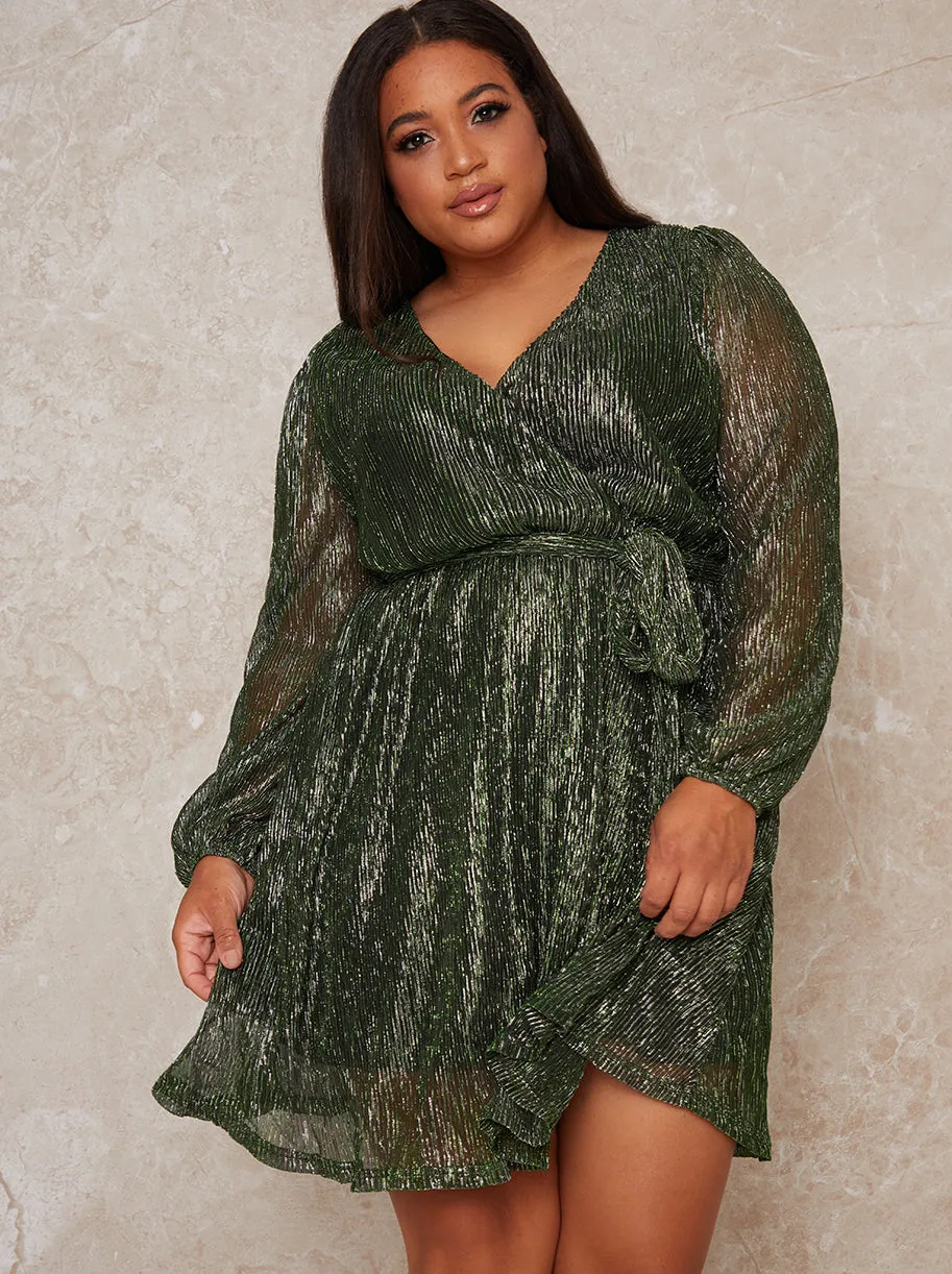 Plus Size Wrap Design Plisse Glitter Dress in Green sold by Chi Chi London product image thumbnail 2