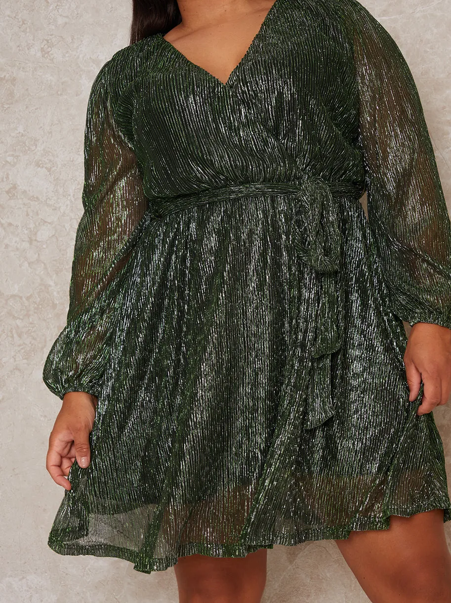 Plus Size Wrap Design Plisse Glitter Dress in Green sold by Chi Chi London product image thumbnail 3