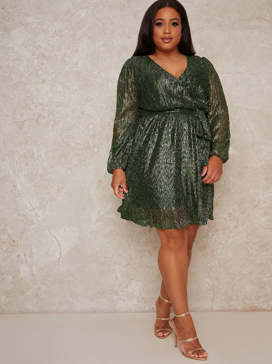 Plus Size Wrap Design Plisse Glitter Dress in Green sold by Chi Chi London