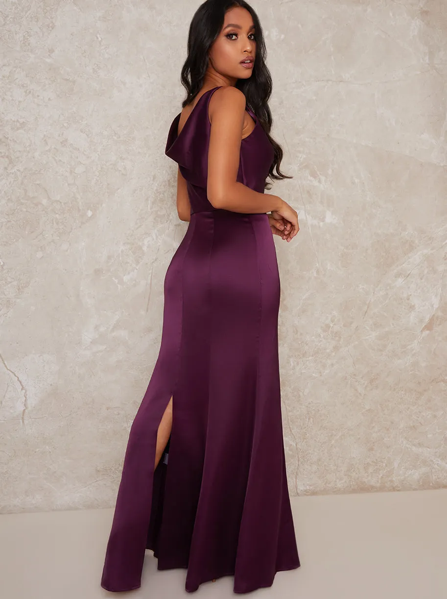 Petite Cowl Neck Satin Slip Maxi Dress in Purple sold by Chi Chi London