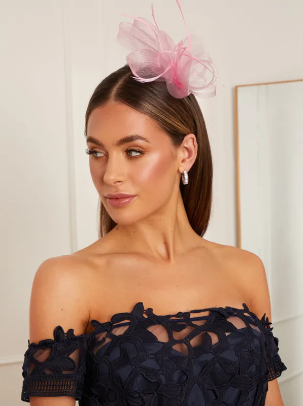 Mesh Feather Detail Fascinator in Pink sold by Chi Chi London