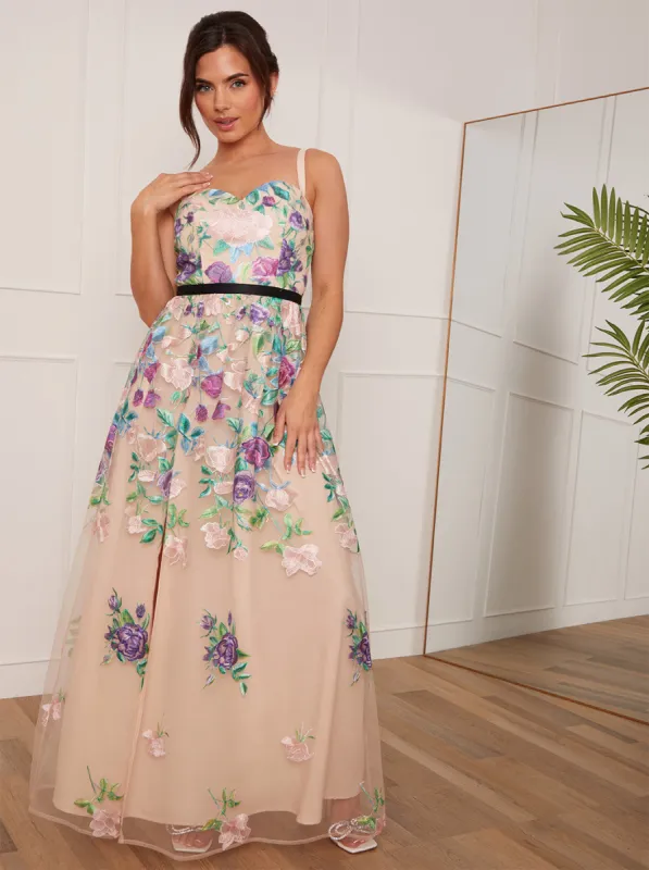 Petite Floral Embroidered Maxi Dress in Cream sold by Chi Chi London