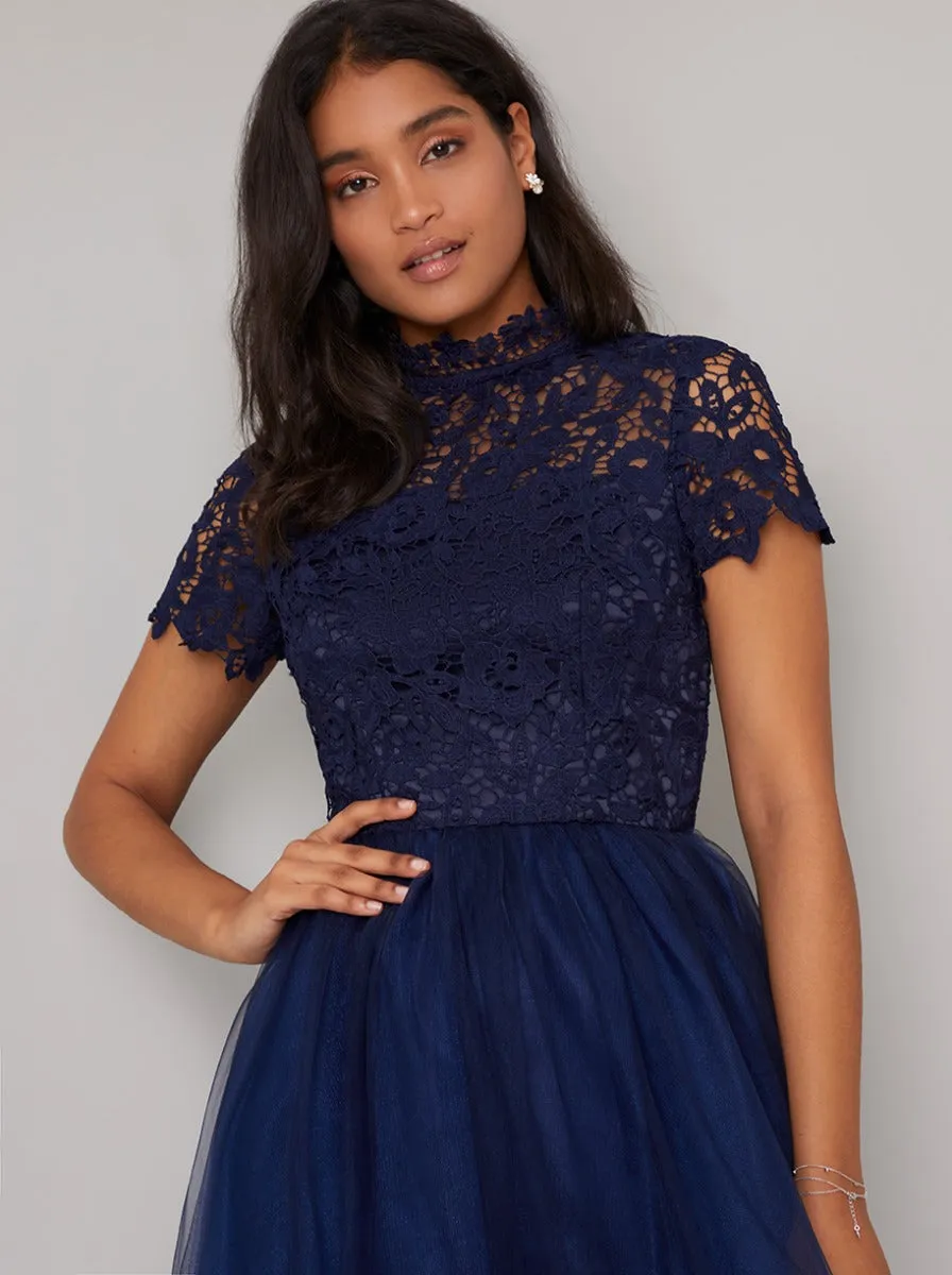High Neck Lace Bodice Tulle Midi Dress in Blue sold by Chi Chi London product image thumbnail 2