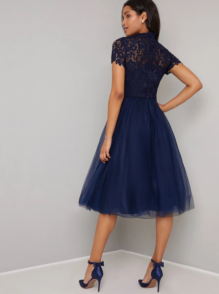 High Neck Lace Bodice Tulle Midi Dress in Blue sold by Chi Chi London product image thumbnail 3