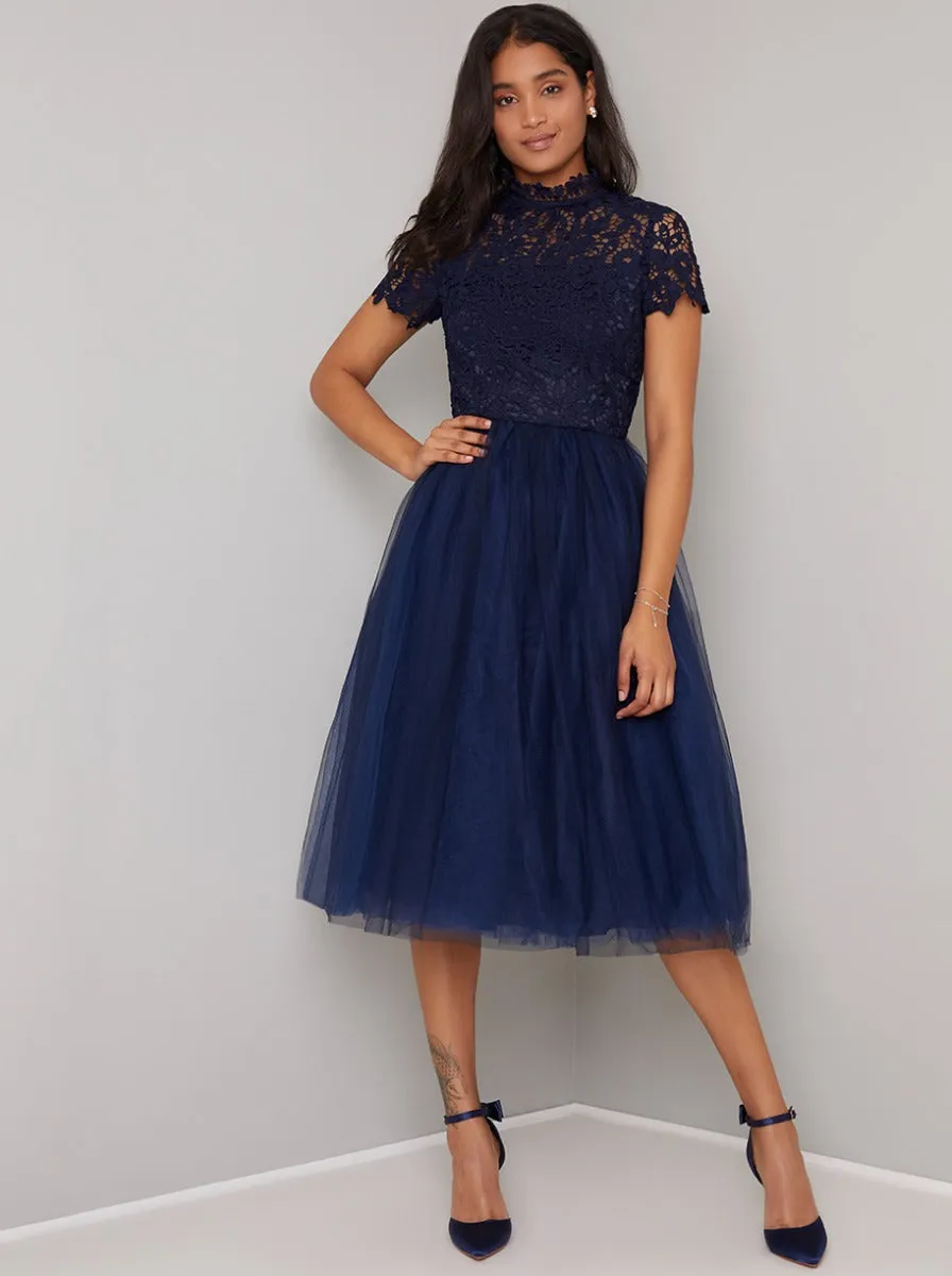 High Neck Lace Bodice Tulle Midi Dress in Blue sold by Chi Chi London