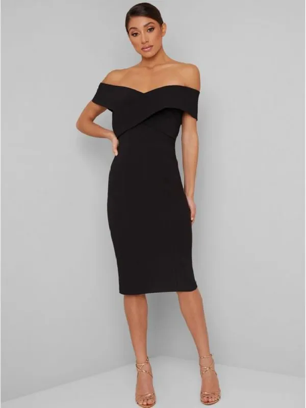 Bardot Off The Shoulder Midi Dress in Back made by Chi Chi London
