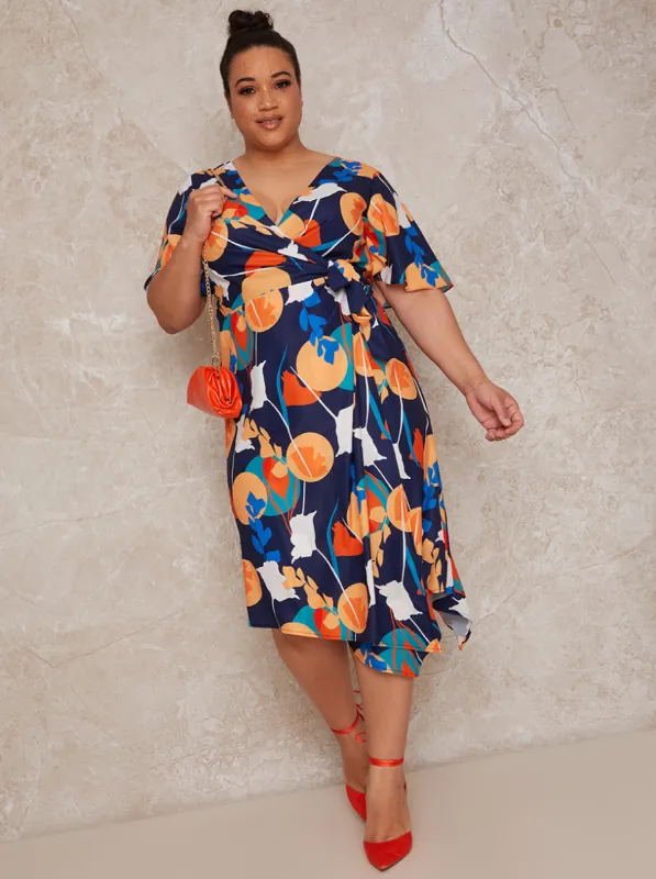 Plus Size Abstract Print Midi Wrap Dress in Blue sold by Chi Chi London