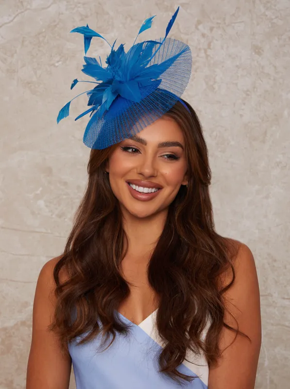 Feather Detail Fascinator in Blue made by Chi Chi London