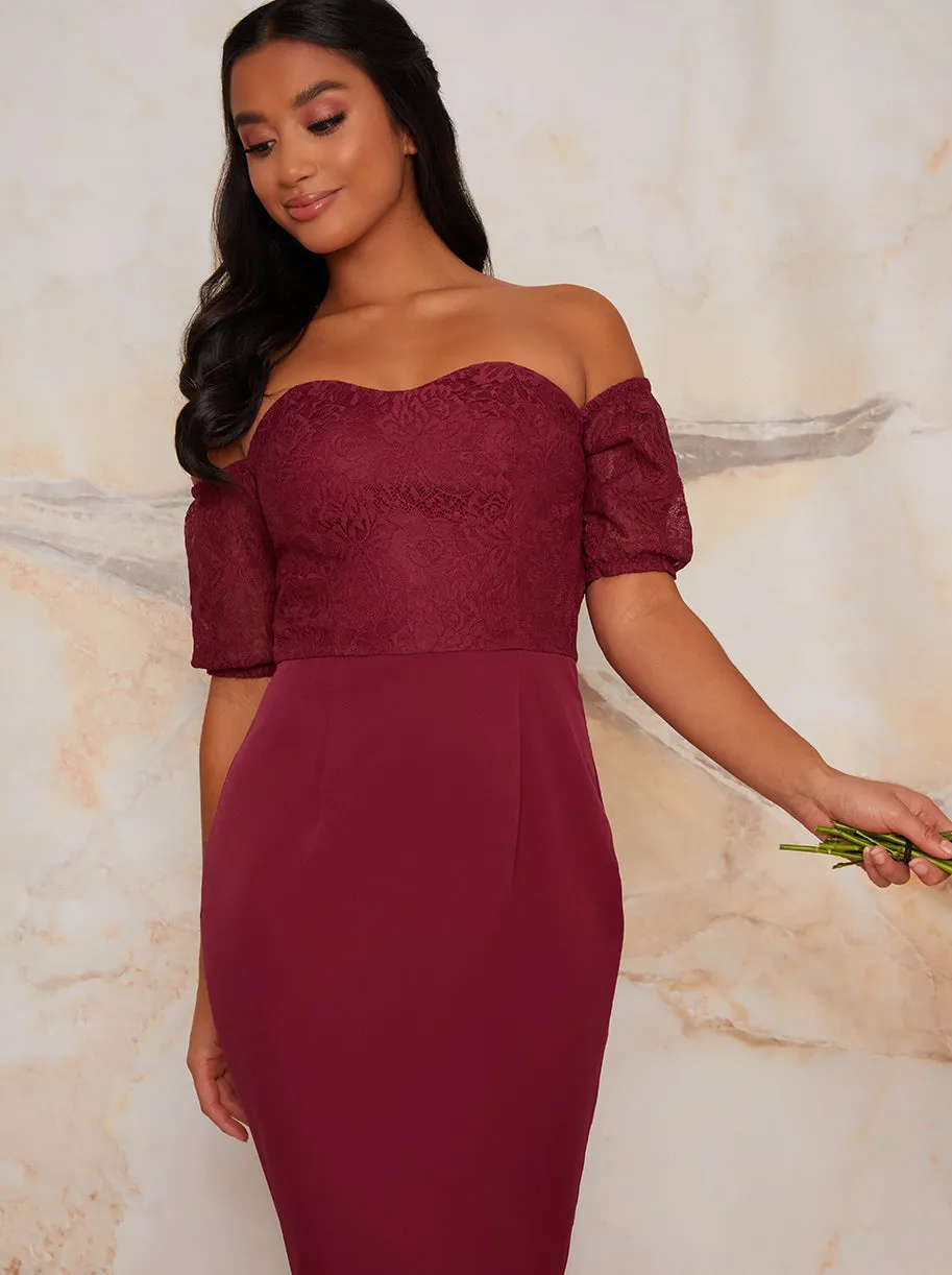 Petite Lace Bardot Bodycon Peplum Dress In Purple sold by Chi Chi London product image thumbnail 2