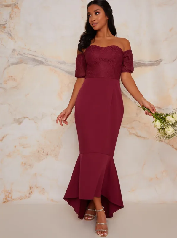 Petite Lace Bardot Bodycon Peplum Dress In Purple sold by Chi Chi London