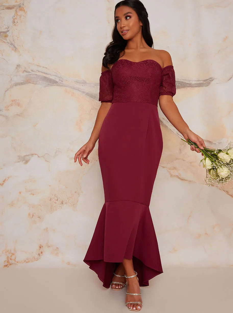 Petite Lace Bardot Bodycon Peplum Dress In Purple sold by Chi Chi London