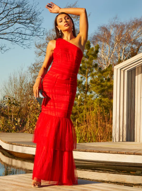 One Shoulder Ruched Maxi Dress in Red sold by Chi Chi London