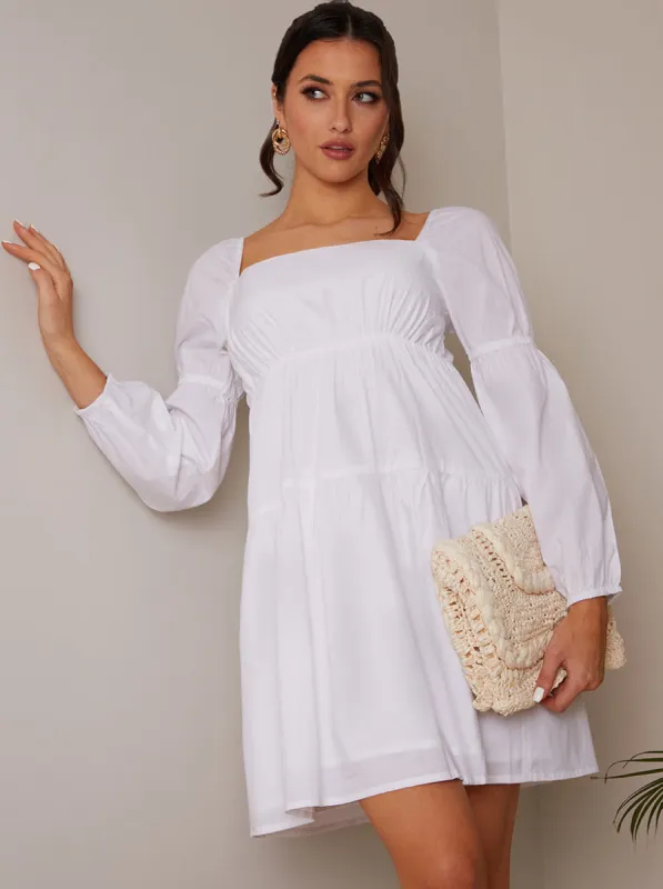 Square Neck Cotton Tiered Mini Dress in White sold by Chi Chi London