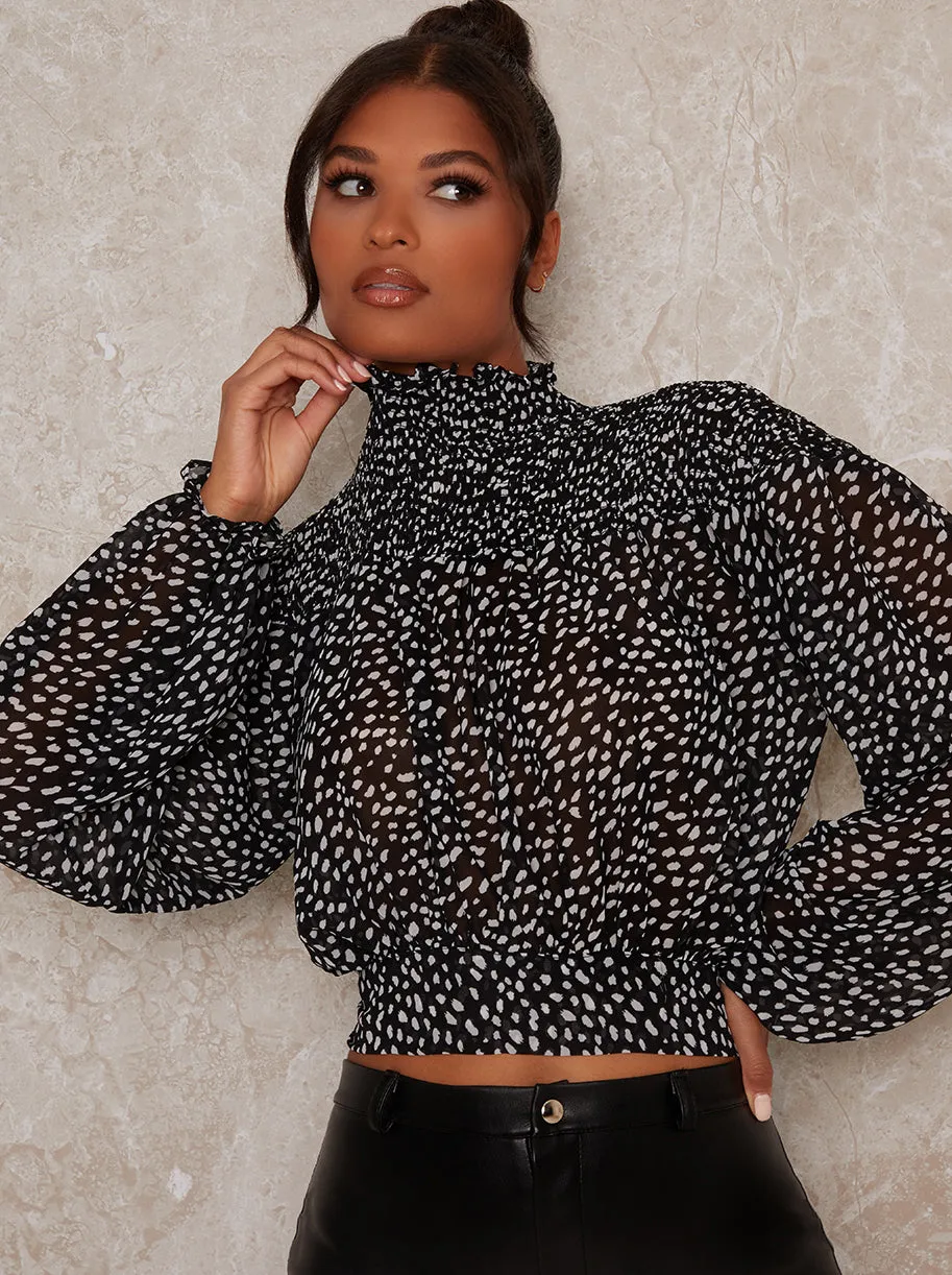 High Neck Balloon Long Sleeve Print Top in Black sold by Chi Chi London product image thumbnail 4