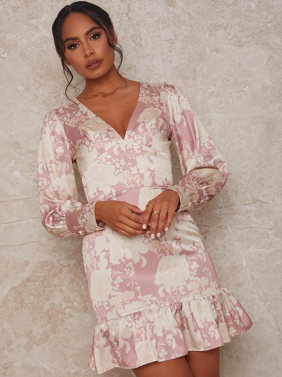 V Neck Floral Print Mini Dress in Pink sold by Chi Chi London