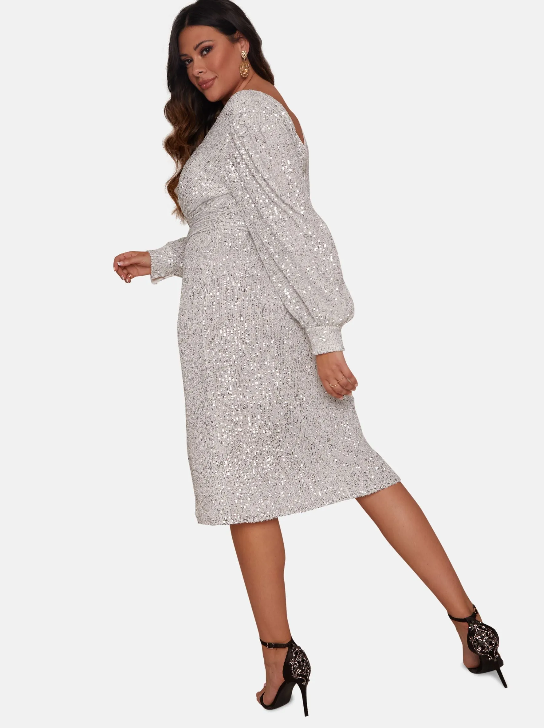 Plus Size Long Sleeve V Neck Sequin Midi Dress in Silver sold by Chi Chi London product image thumbnail 5