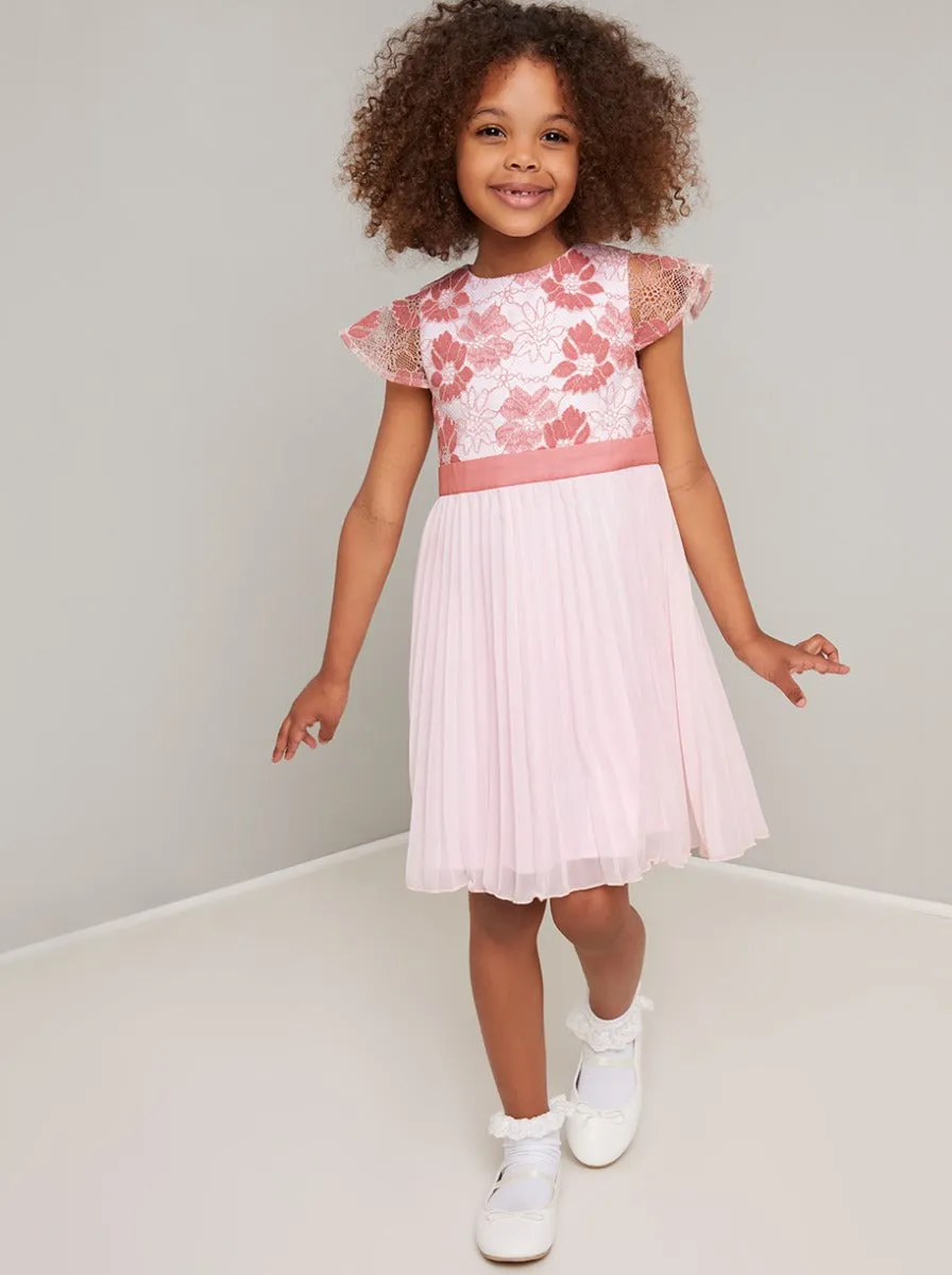 Girls Lace Bodice Pleat Party Dress in Pink sold by Chi Chi London