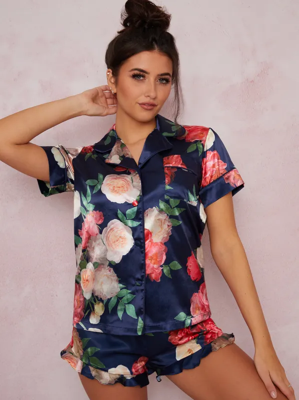 Floral Satin Finish Short Pyjama Set In Navy sold by Chi Chi London