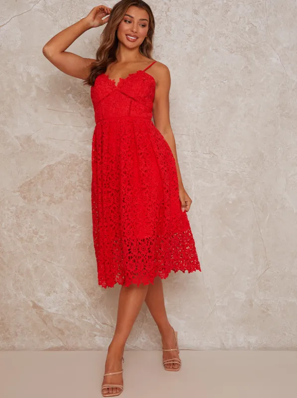 Sleeveless Crochet Midi Dress in Red sold by Chi Chi London