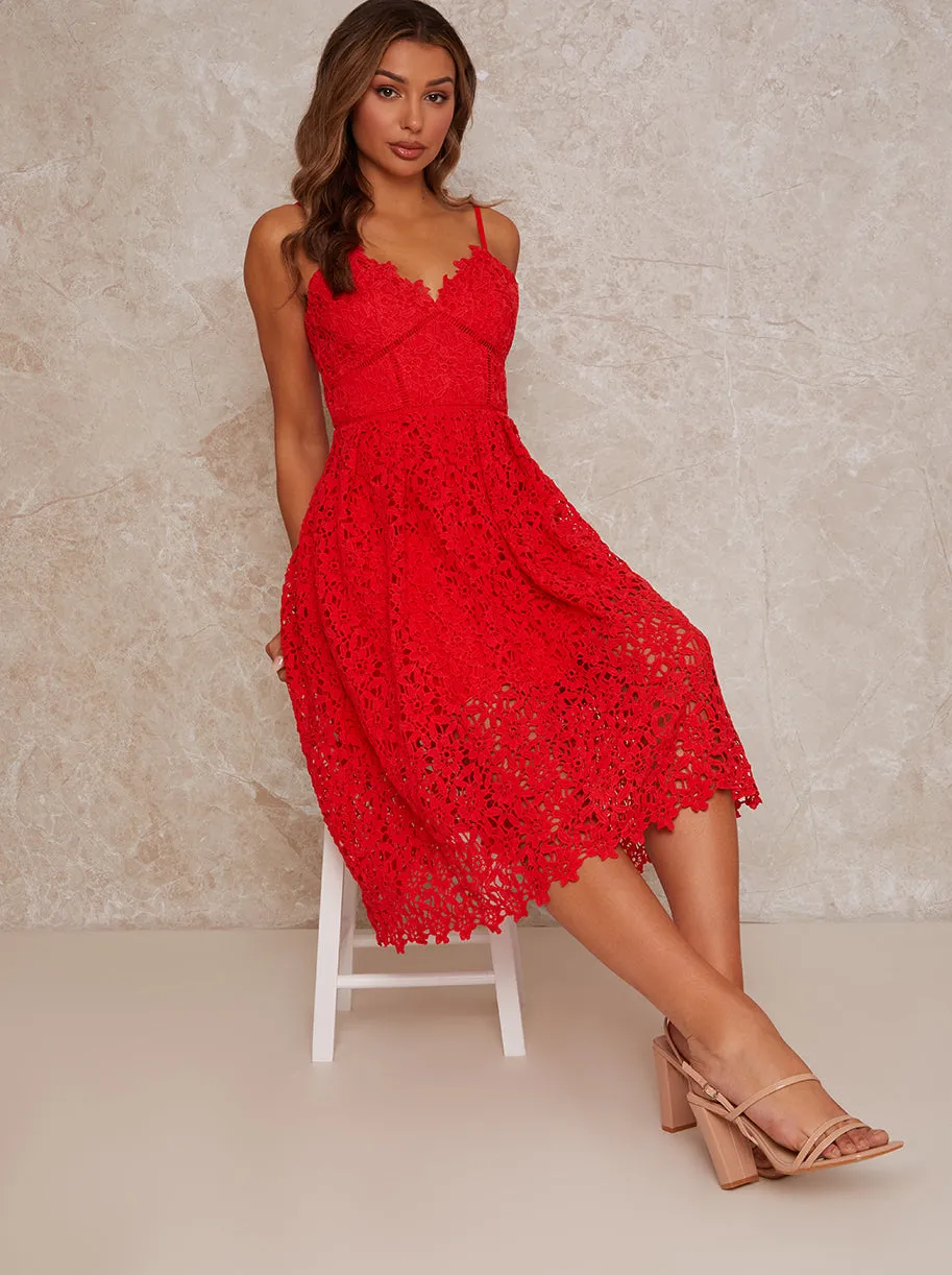 Sleeveless Crochet Midi Dress in Red sold by Chi Chi London product image thumbnail 3
