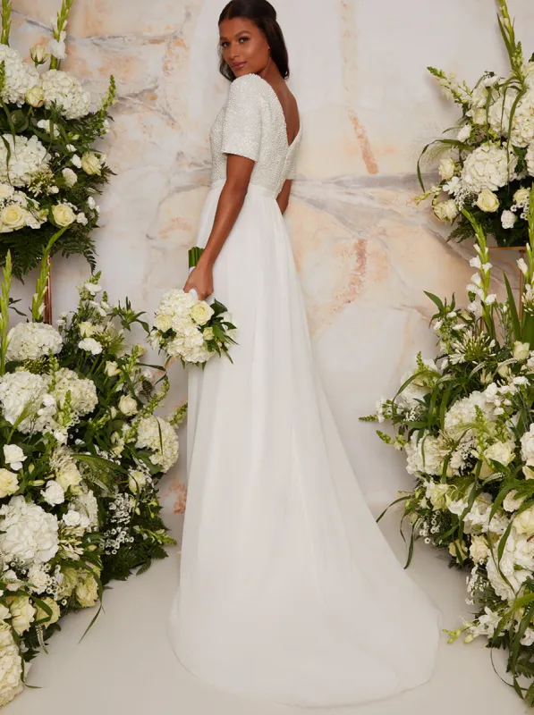Short Sleeve Embellished Wedding Dress in White sold by Chi Chi London