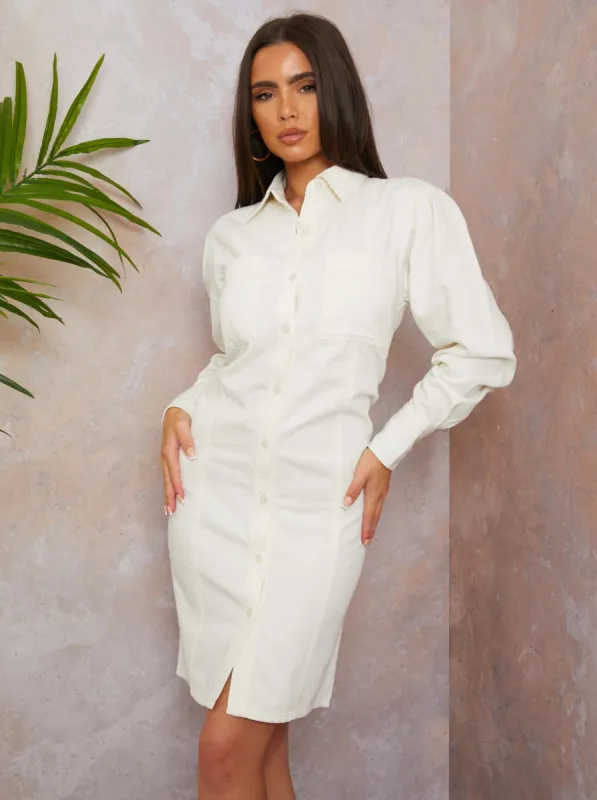 Long Sleeve Denim Midi Dress in Cream sold by Chi Chi London