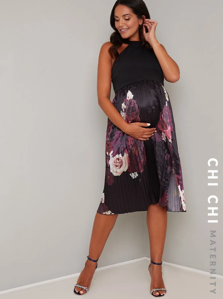 Maternity Halter Neck Pleat Midi Dress in Black sold by Chi Chi London product image thumbnail 2