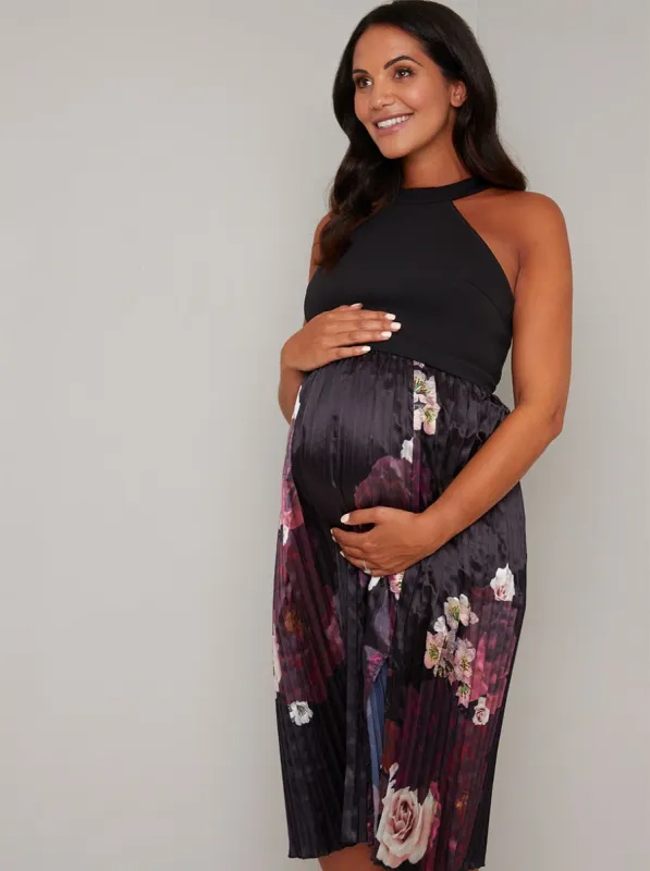 Maternity Halter Neck Pleat Midi Dress in Black sold by Chi Chi London