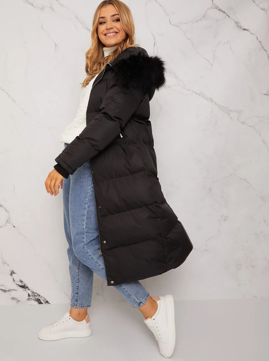 Longline Puffer Coat with Black Fur Hood sold by Chi Chi London