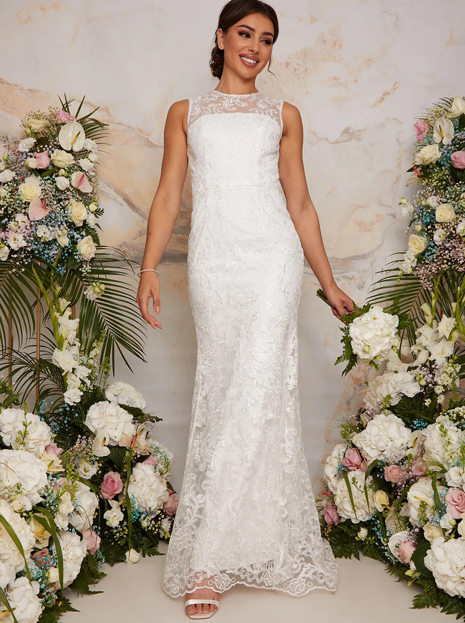 Sleeveless Premium Lace Wedding Dress in White sold by Chi Chi London