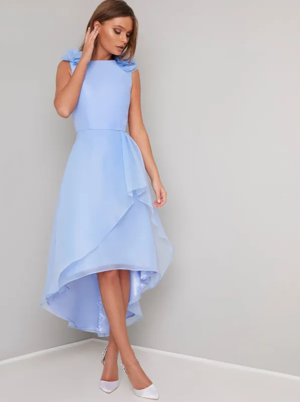 Ruffle Detail Organza Layered Midi Dress in Blue sold by Chi Chi London