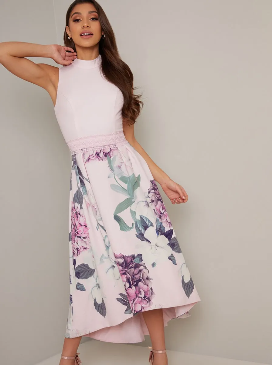 High Neck Dip Hem Floral Midi Dress in Purple sold by Chi Chi London product image thumbnail 3