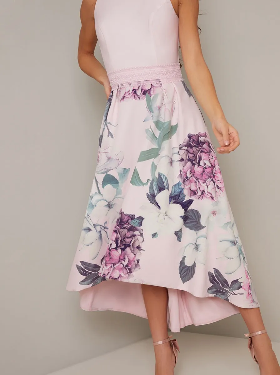 High Neck Dip Hem Floral Midi Dress in Purple sold by Chi Chi London product image thumbnail 4