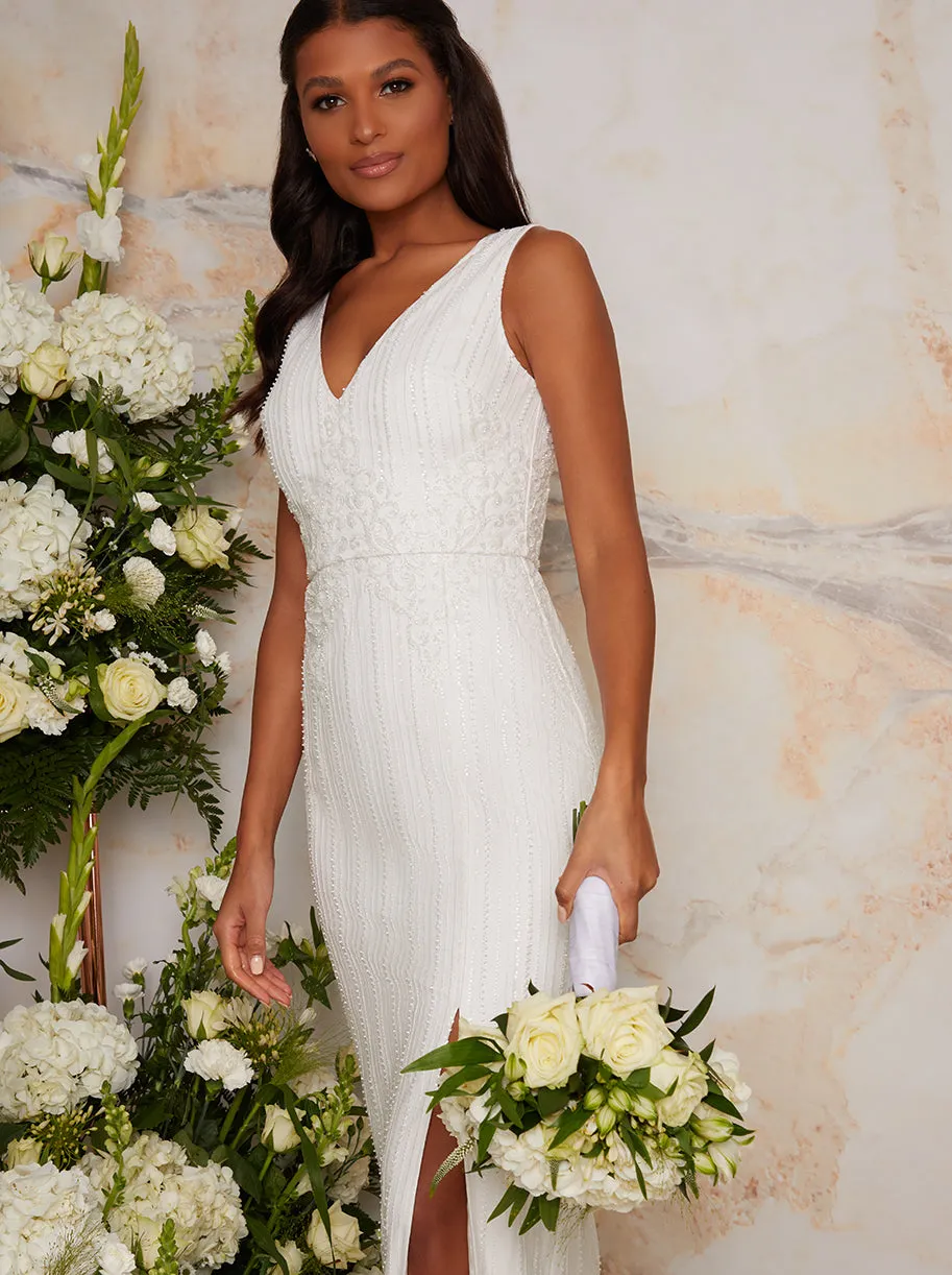 Sequinned Beaded Wedding Dress in White sold by Chi Chi London product image thumbnail 2
