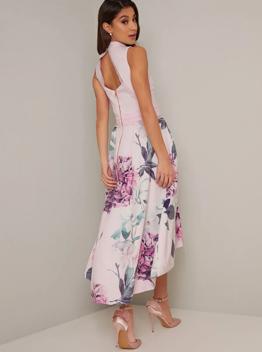 High Neck Dip Hem Floral Midi Dress in Purple sold by Chi Chi London product image thumbnail 2