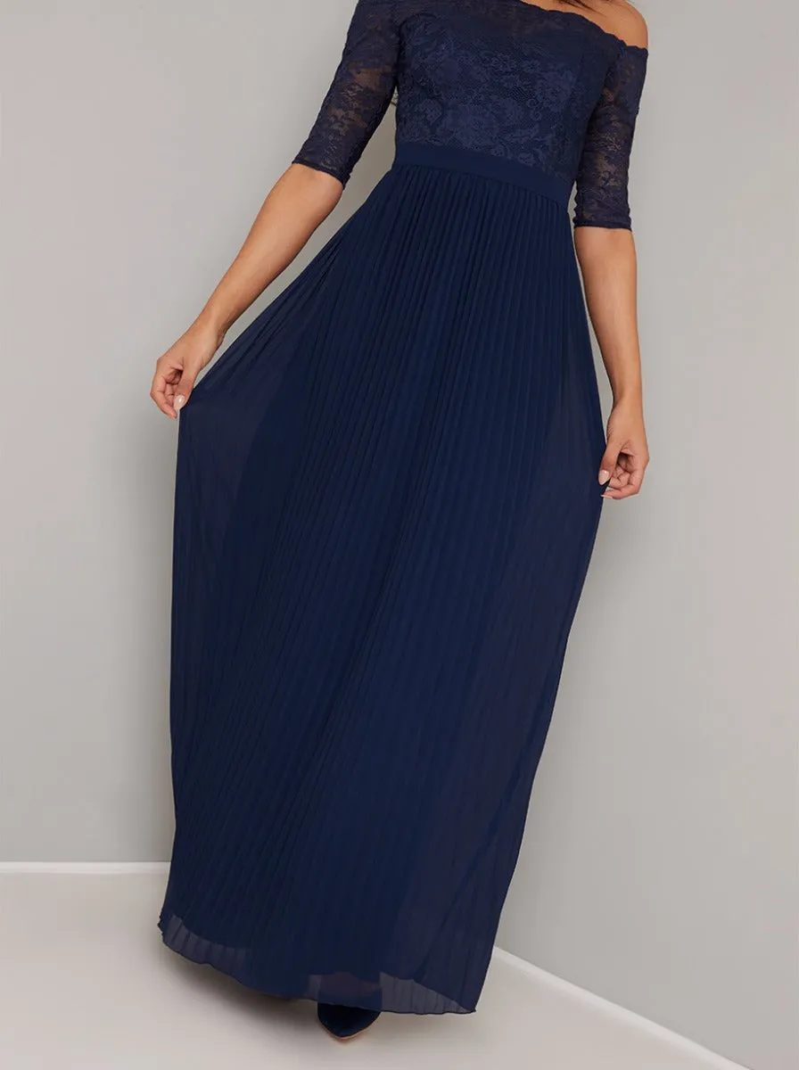 Bardot Neckline Lace Pleated Maxi Dress in Blue sold by Chi Chi London product image thumbnail 3