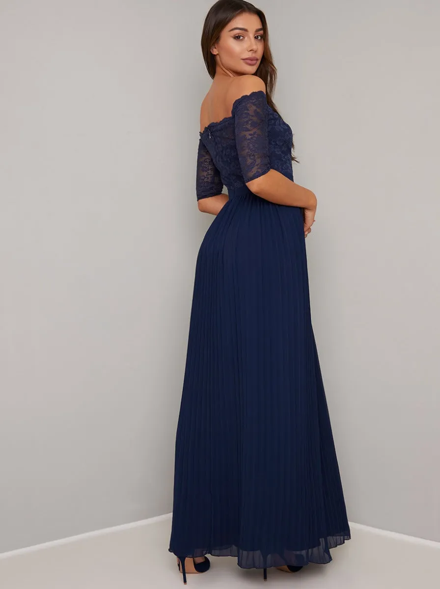 Bardot Neckline Lace Pleated Maxi Dress in Blue sold by Chi Chi London product image thumbnail 4