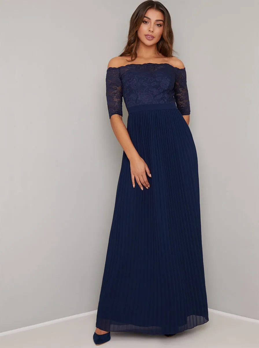 Bardot Neckline Lace Pleated Maxi Dress in Blue sold by Chi Chi London