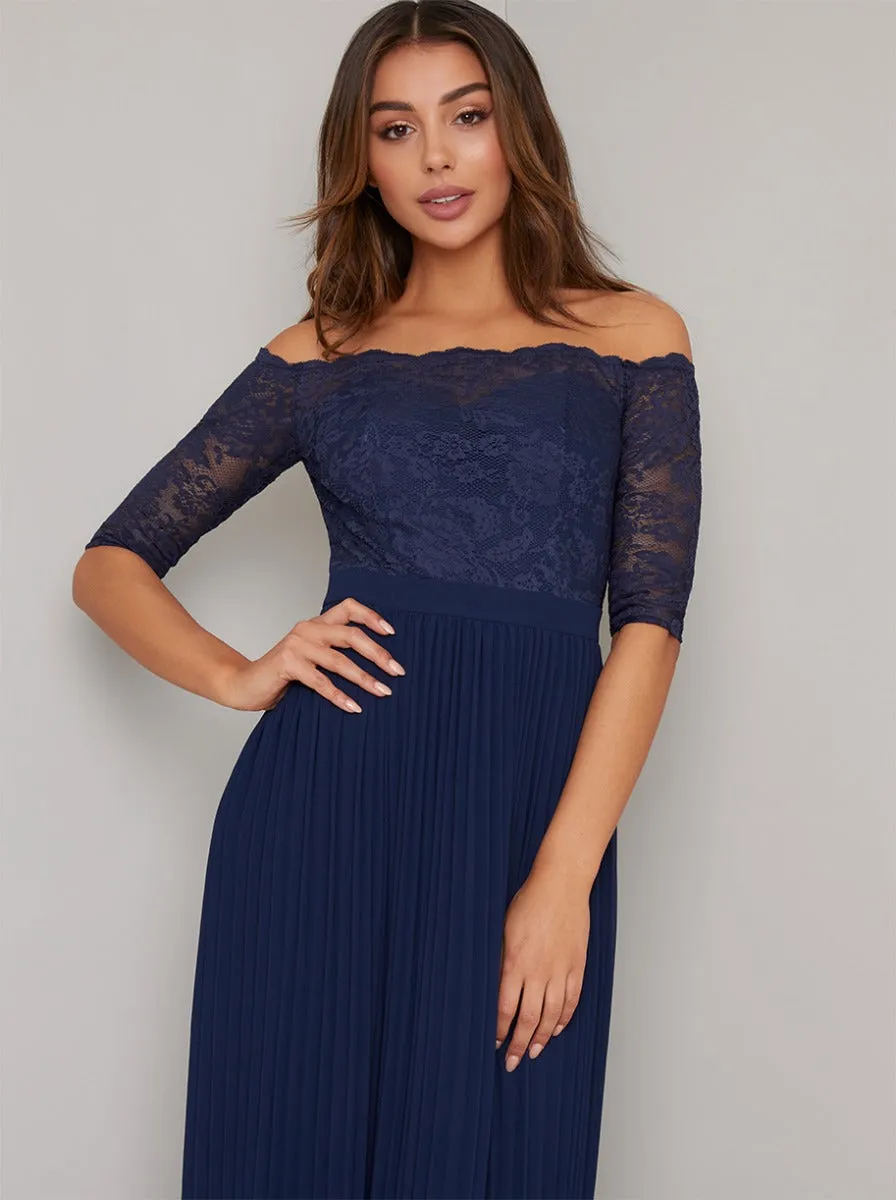 Bardot Neckline Lace Pleated Maxi Dress in Blue sold by Chi Chi London product image thumbnail 2