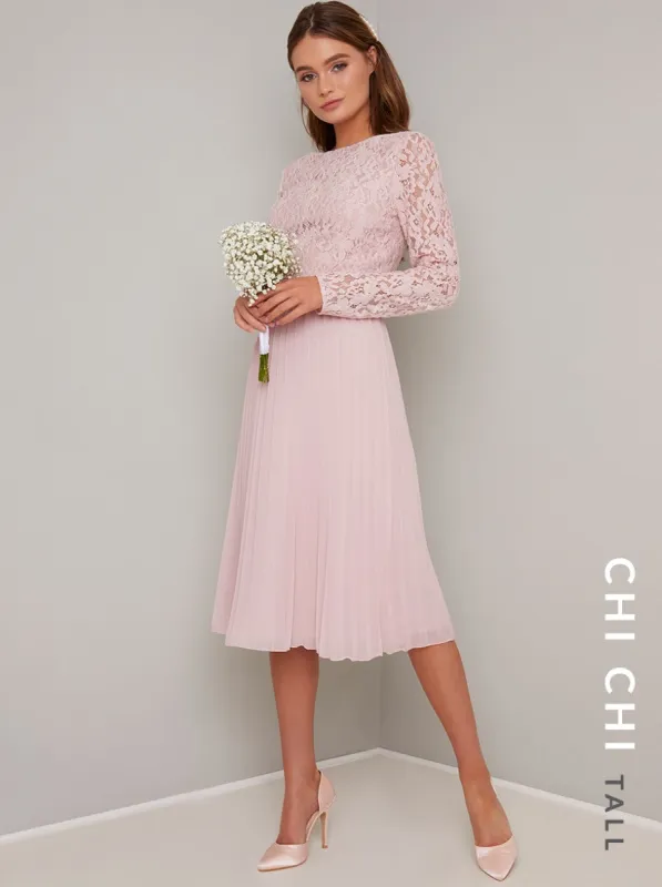 Tall Lace Bodice Pleat Midi Dress in Pink sold by Chi Chi London