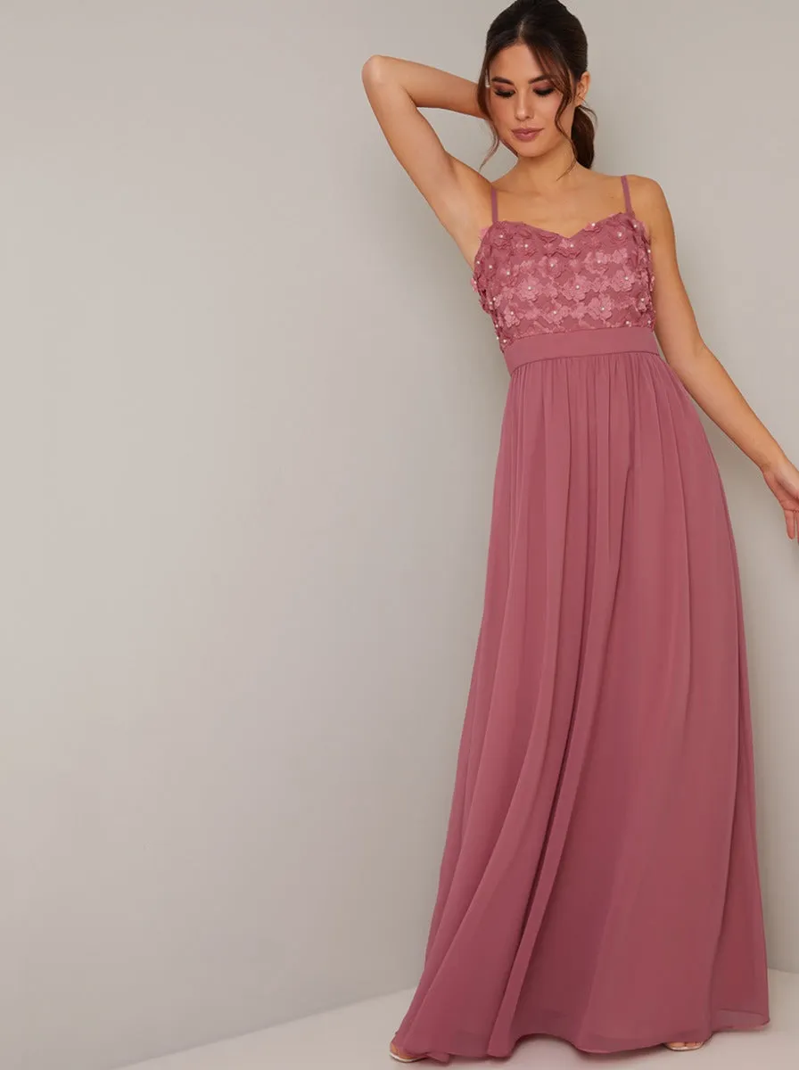Cami Strap 3D Floral Bodice Maxi Dress in Pink sold by Chi Chi London